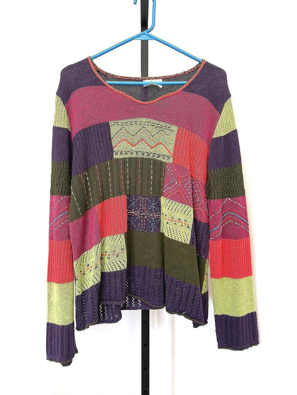 Christopher & Banks Pullover Sweater Patchwork Women Knit round Neck Embroider L